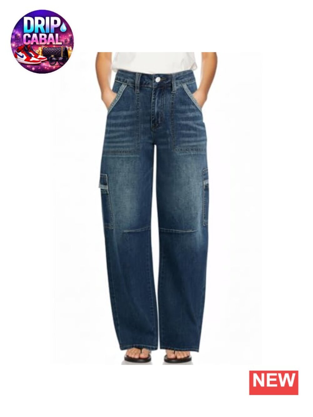 Mid Rise Barrel Jeans Wide Leg Multi Pocket Stretch Cotton Blend